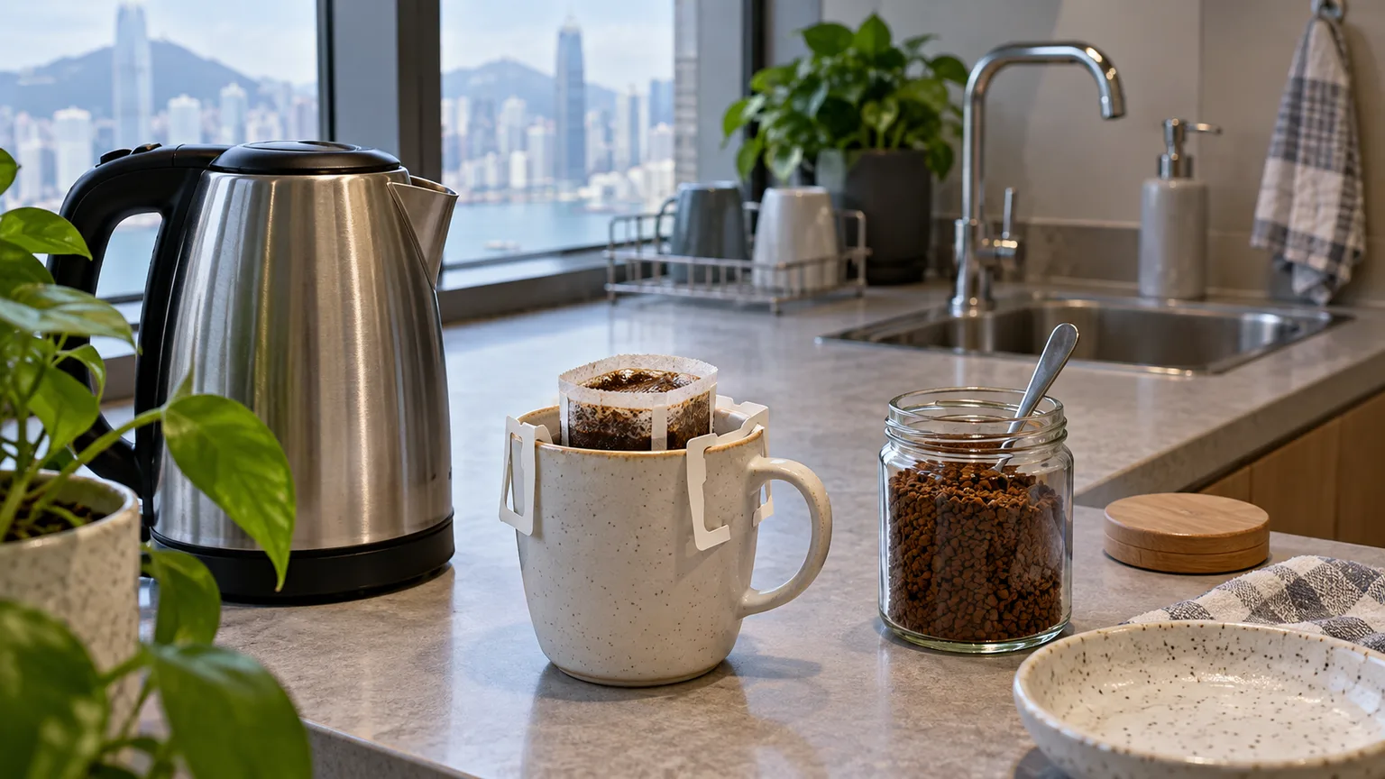 辦公室茶水間放有熱水壺、掛耳咖啡杯和無標籤的即溶咖啡瓶