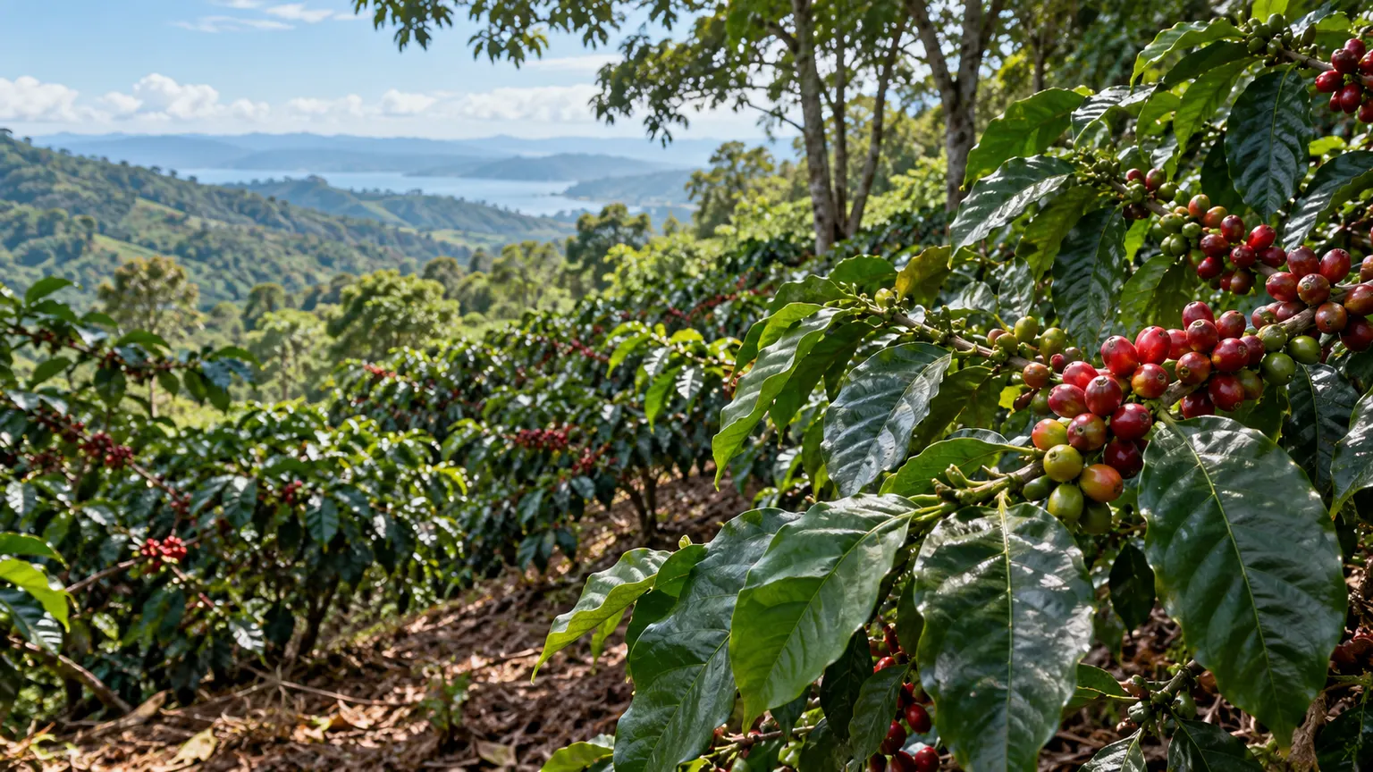 山坡上咖啡植株與遮蔭環境的概念示意
