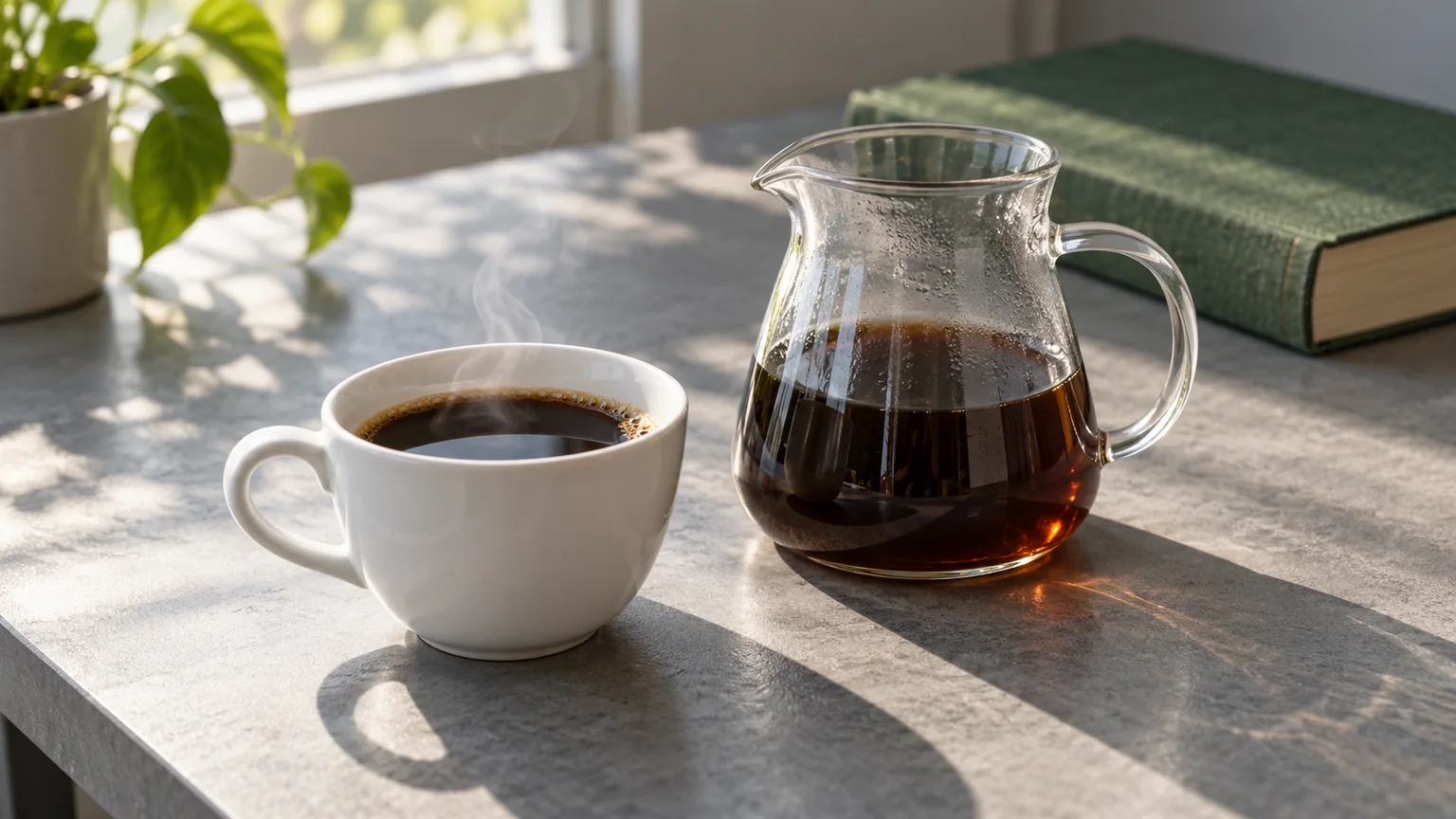 白色咖啡杯與裝有黑咖啡的玻璃分享壺