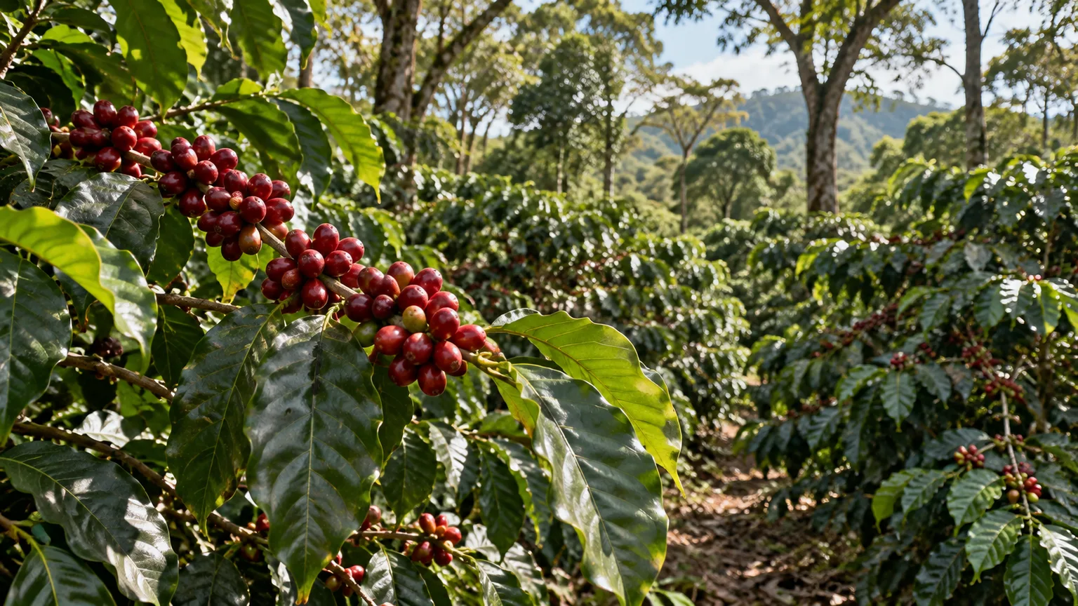 咖啡果實、植株與周邊樹木的情境示意
