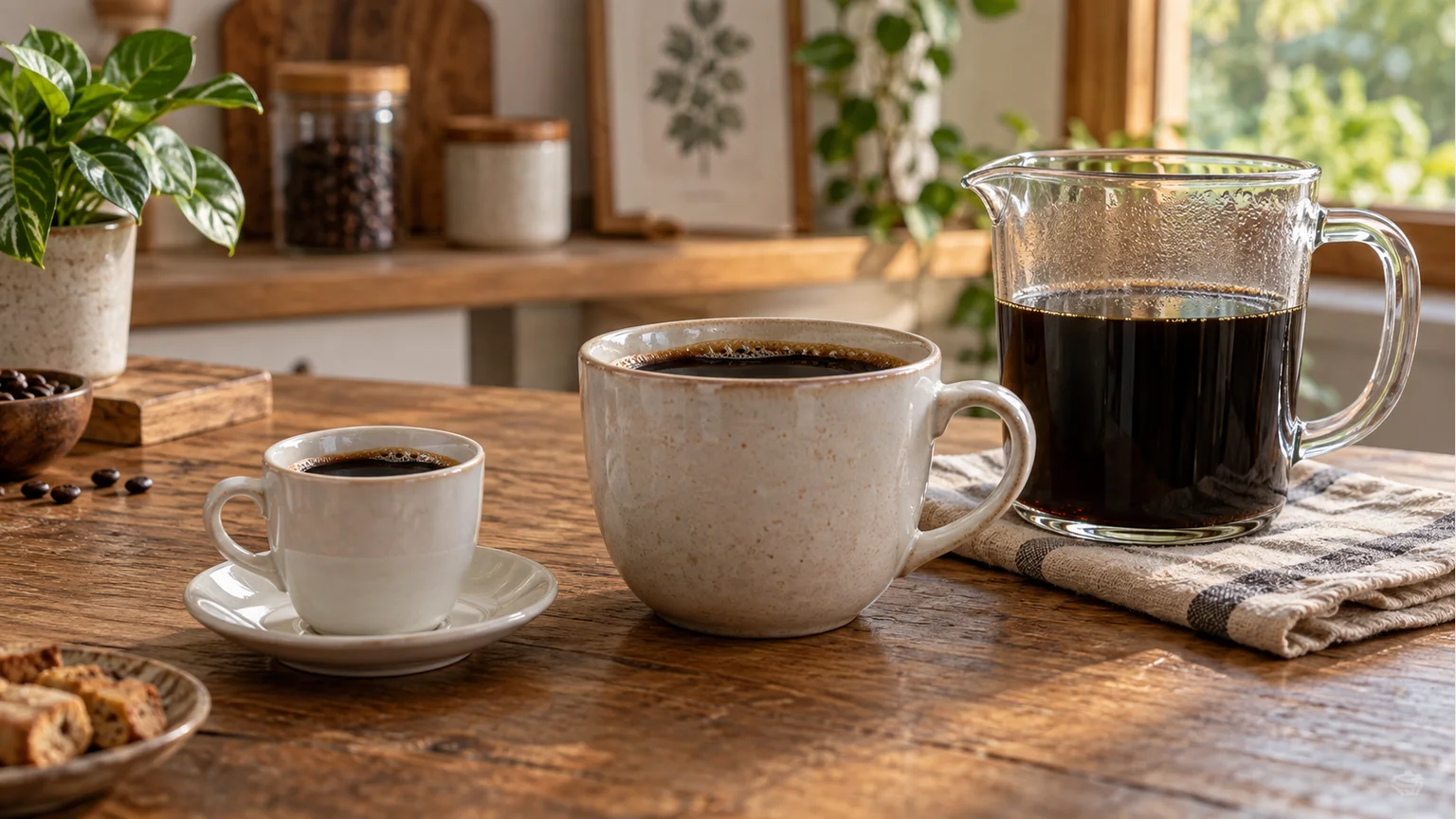 小杯、大杯與水壺並排,呈現份量差異
