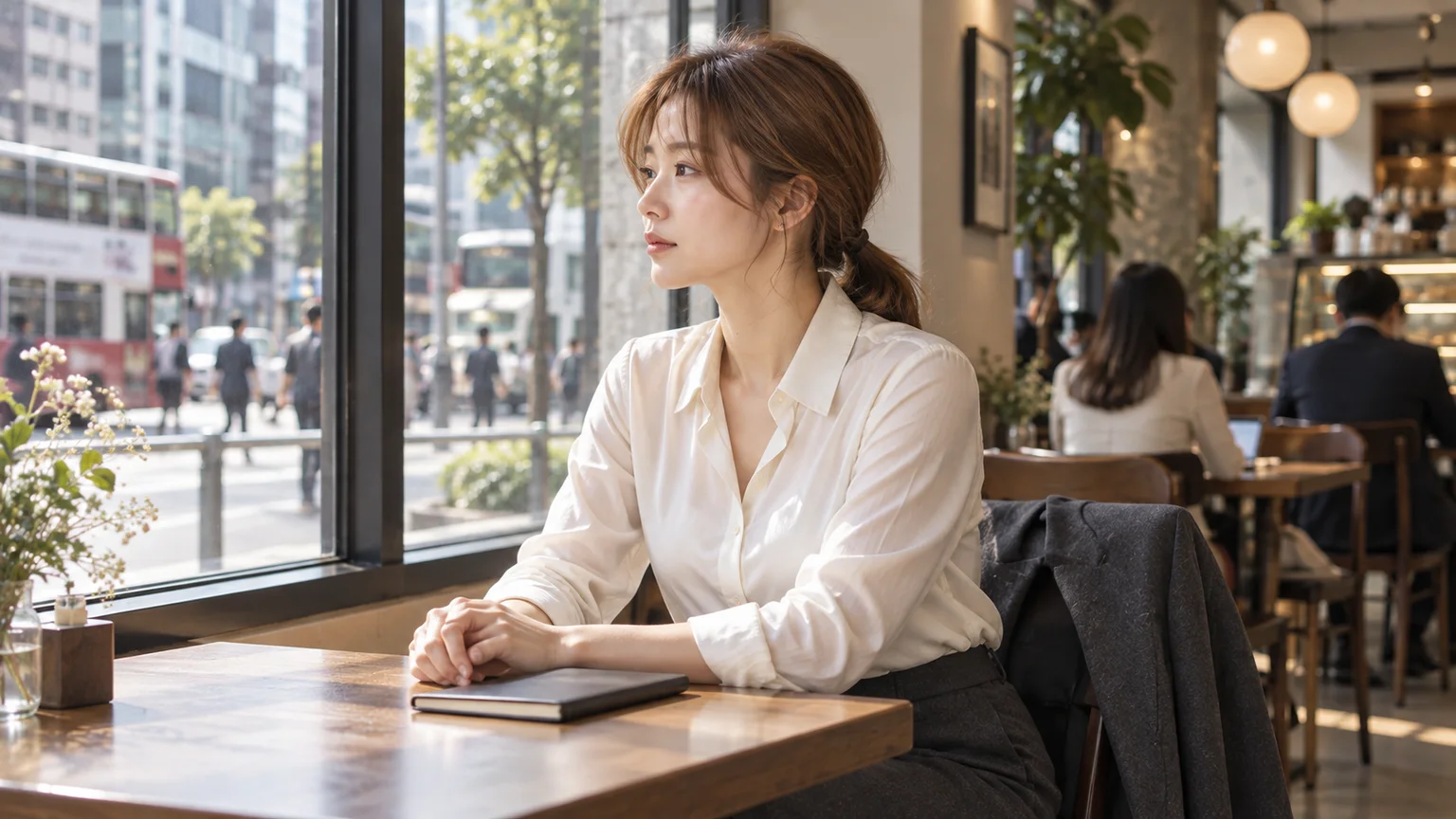 小菲以側面坐姿看向咖啡店窗外，雙手自然放在桌面