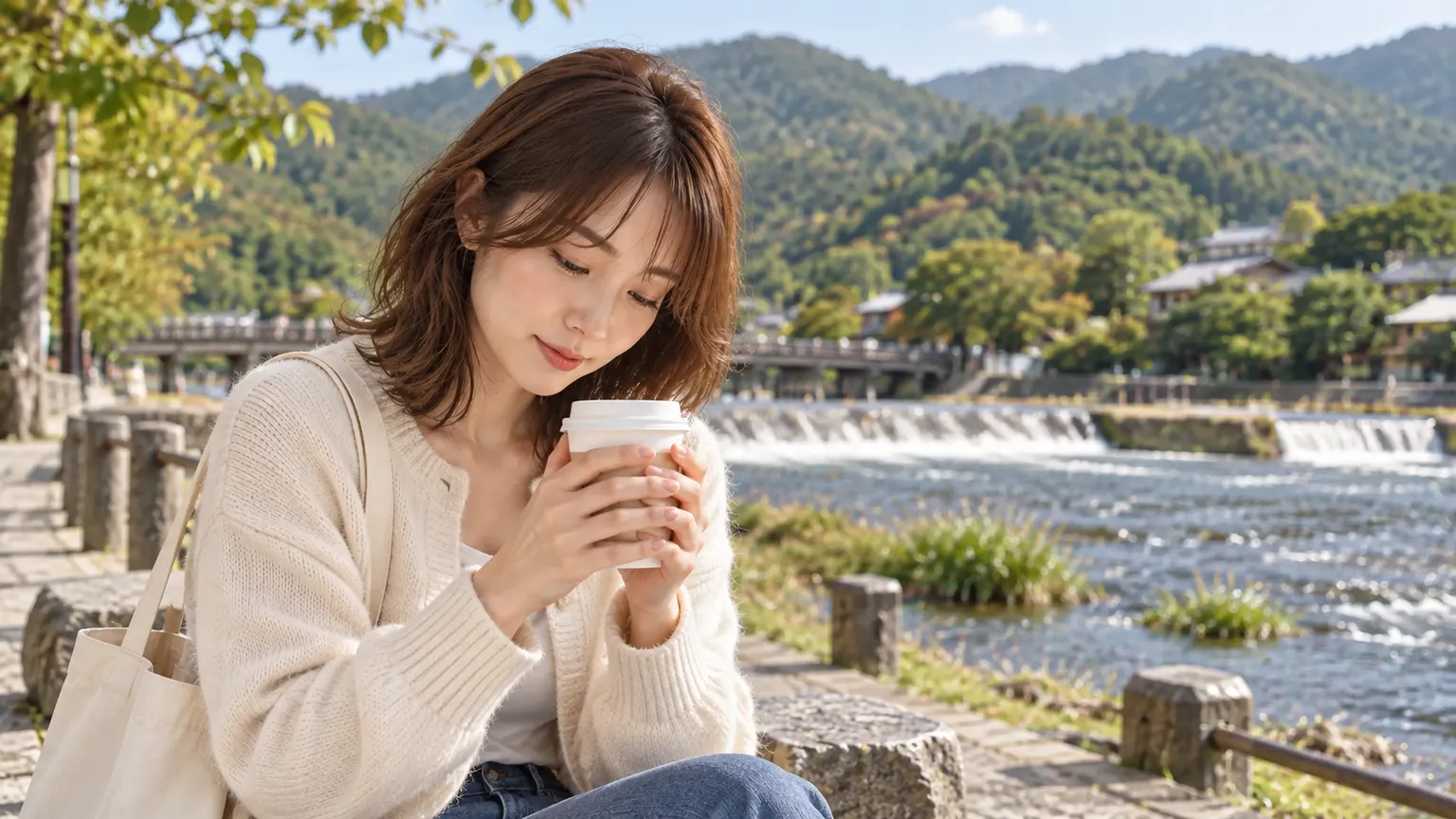 河畔步道旁捧着一杯咖啡的近景