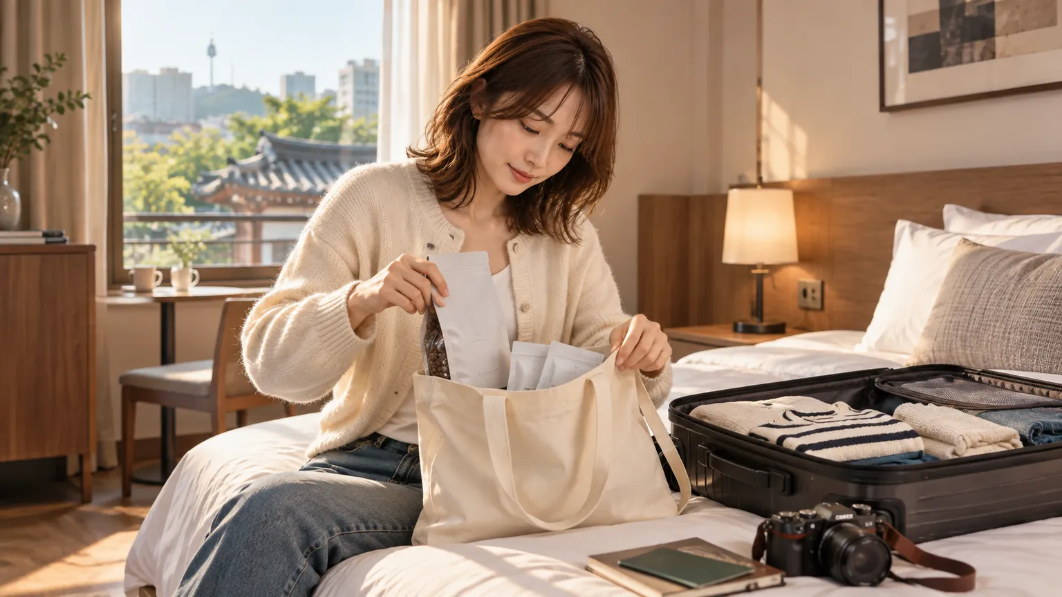 小晴在旅館把密封咖啡與掛耳包放進旅行袋