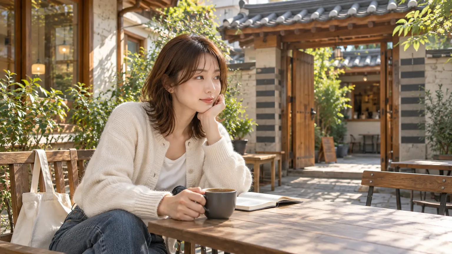 小晴坐在韓式老屋庭院風格的咖啡桌前