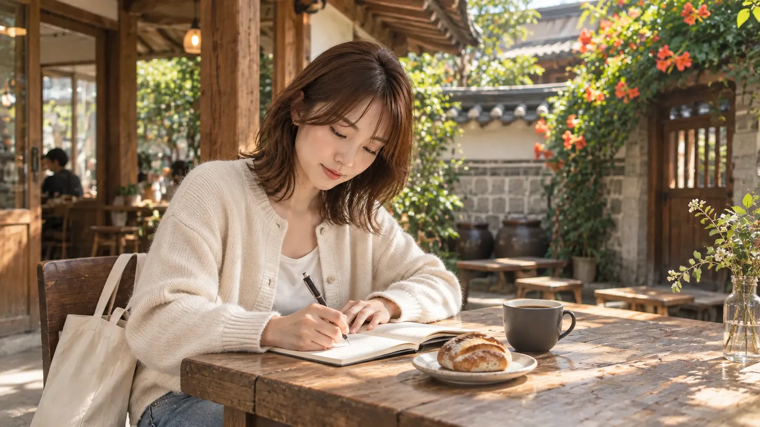 木桌上的咖啡杯、麵包與旅行筆記