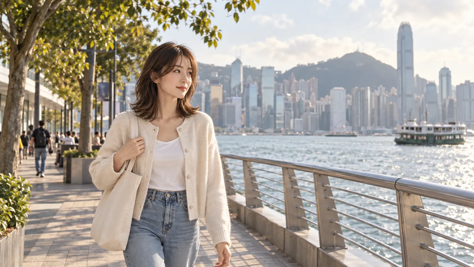 小晴沿香港海旁公共步道散步的情境