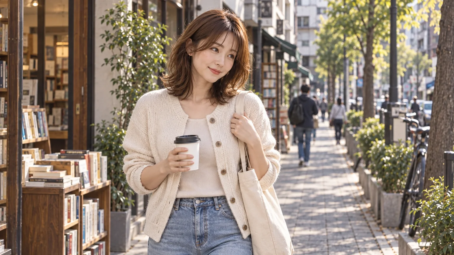 小菲在東京街區拿著咖啡散步的情境