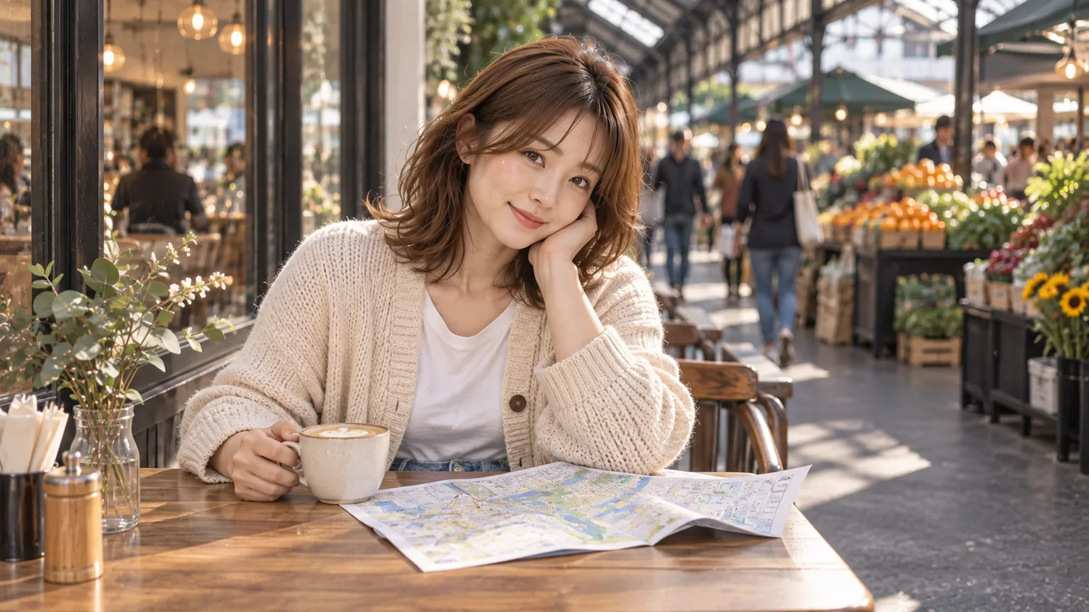 小菲在墨爾本市場咖啡情境裡查看地圖