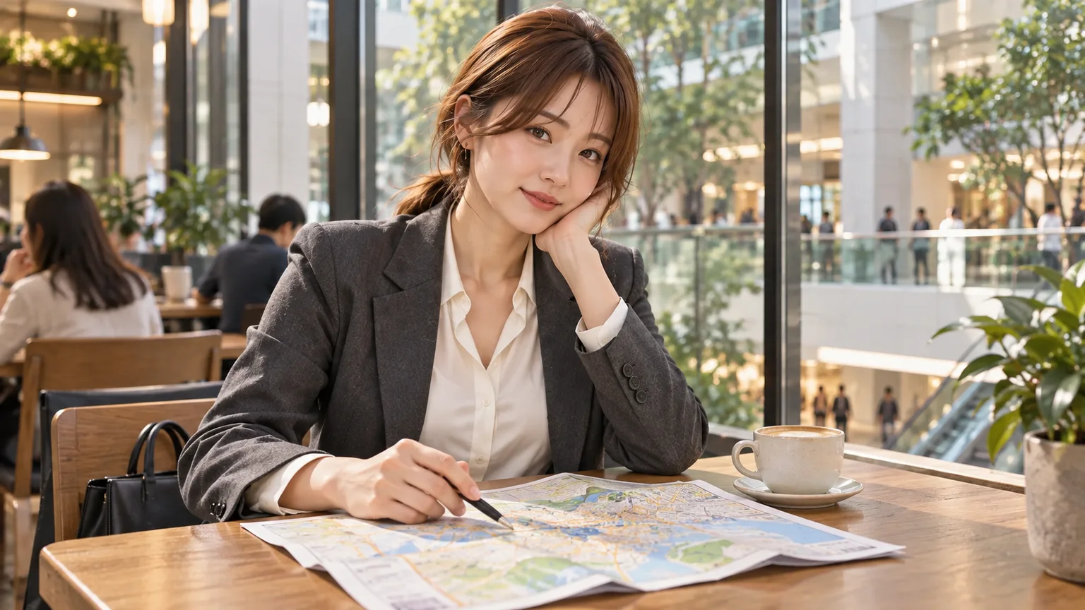 小菲穿上班衣著在商場咖啡情境裡看地圖