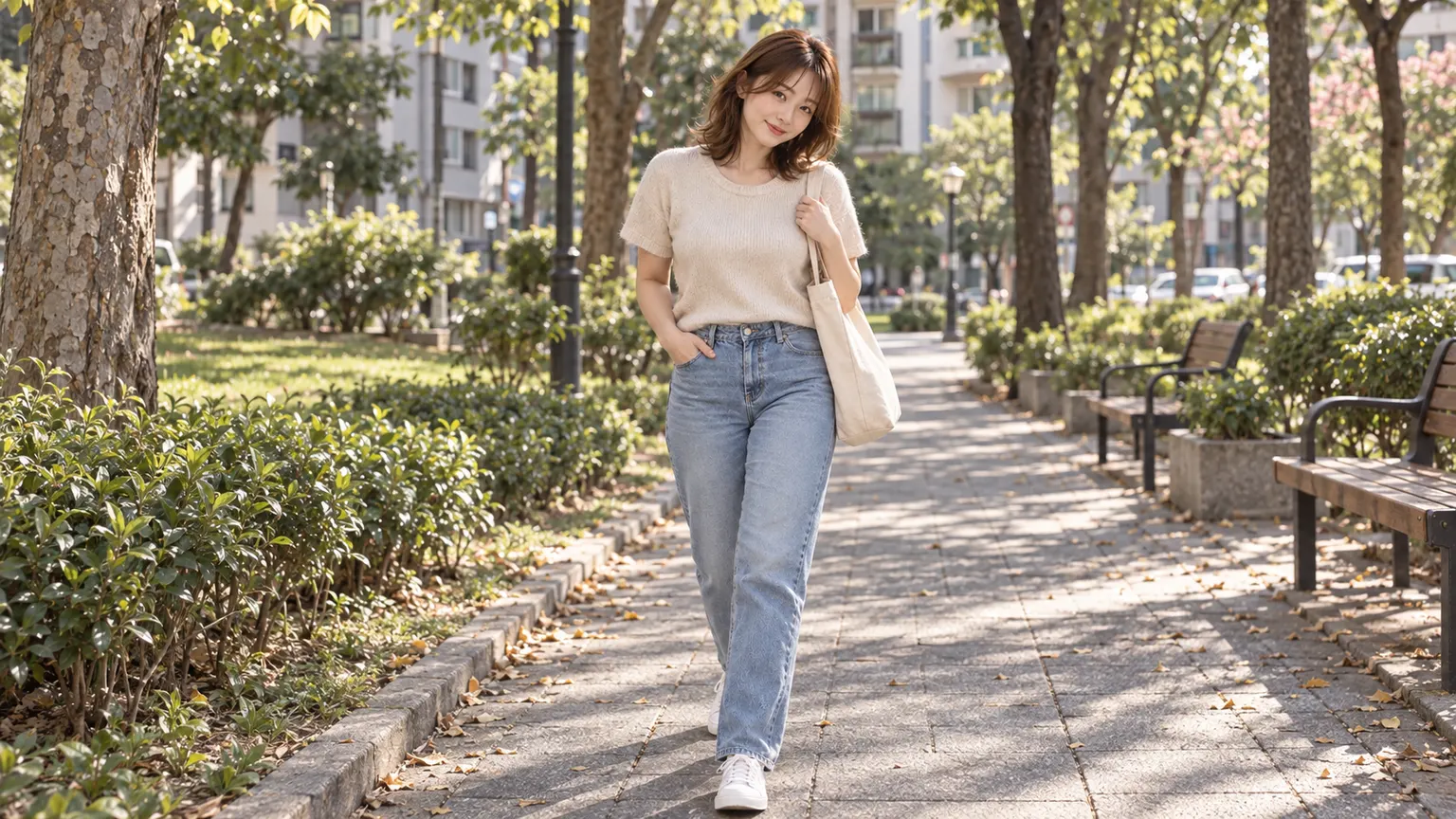 小菲穿韓式日常服裝在台北樹蔭步道散步