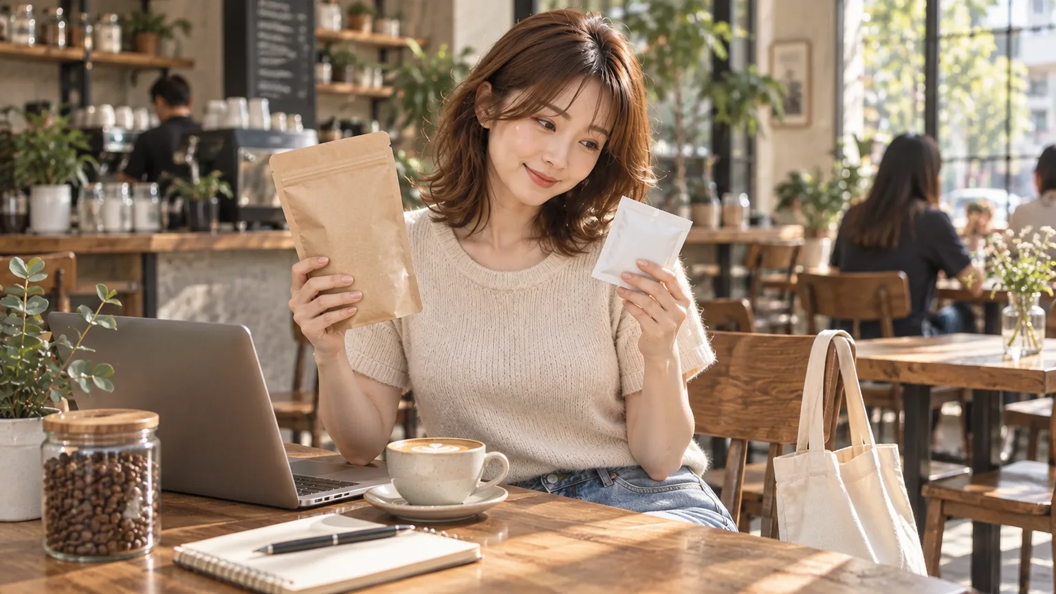 小菲比較無品牌整豆袋與掛耳小包，旁邊放着帆布袋
