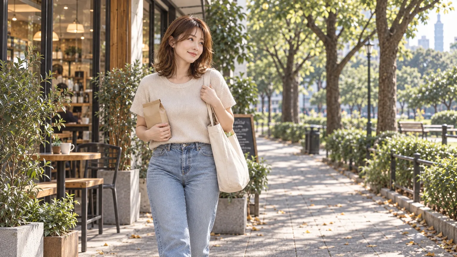 小菲在台北公園旁拿着裝有咖啡袋的帆布袋