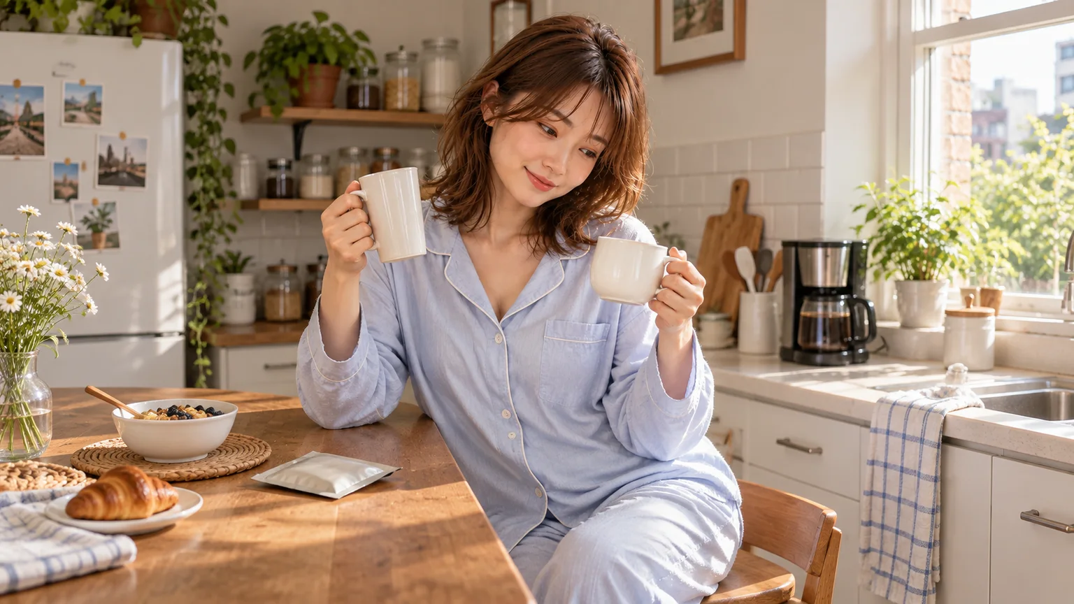 小菲比較高杯與矮杯,旁邊放着未拆封的掛耳包