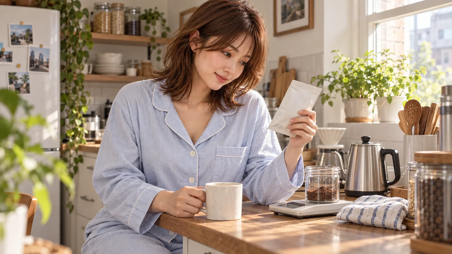 小菲在廚房看掛耳包裝,杯子和秤放在檯面
