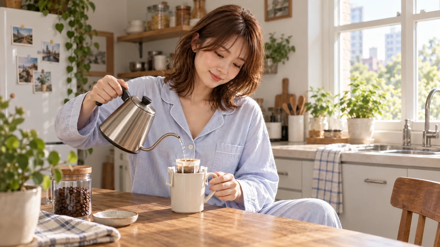 小菲把細水流倒入穩定架在高杯上的掛耳濾袋