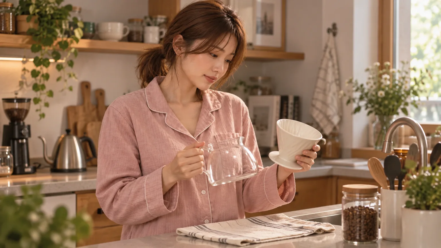 小菲在晚間檯面確認濾杯與分享壺乾燥