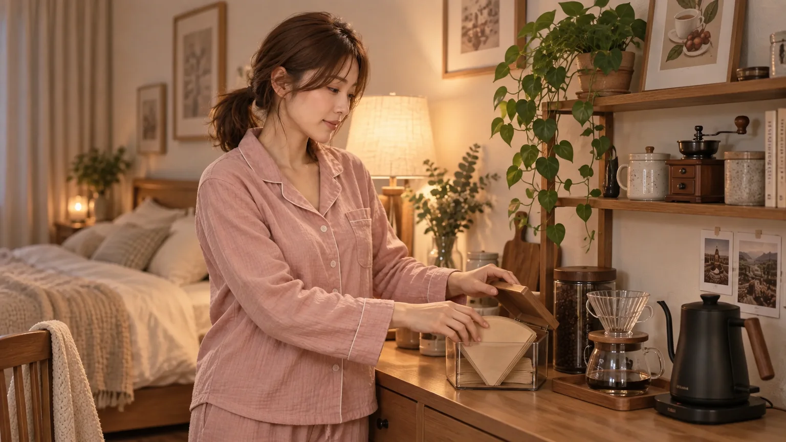 小菲在柔和燈光下整理好乾燥咖啡角,水壺並未啟動