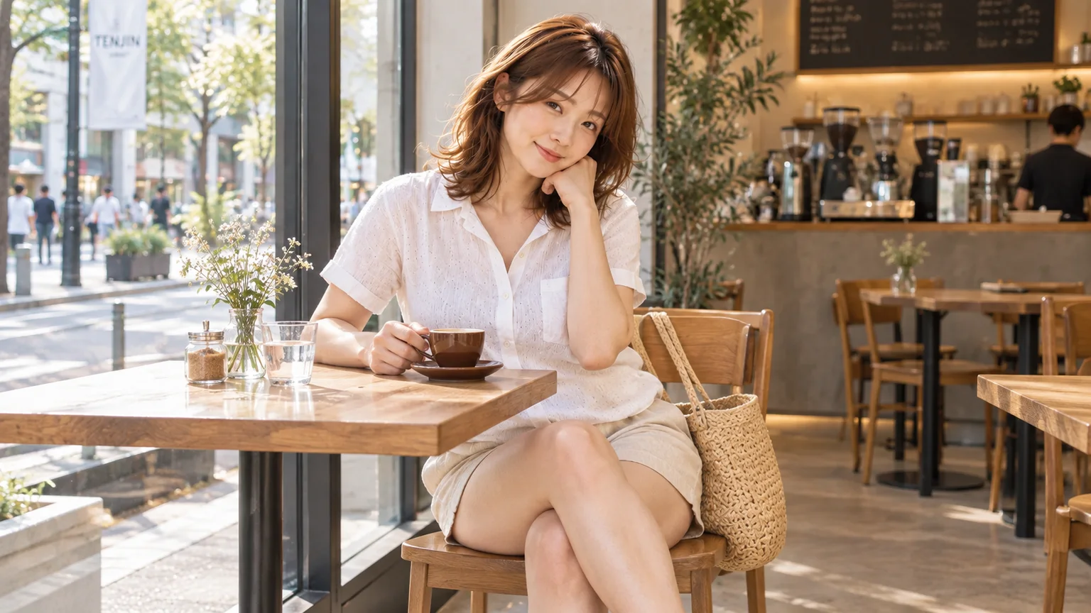 小菲穿亞麻輕便服裝在天神市區咖啡店窗邊