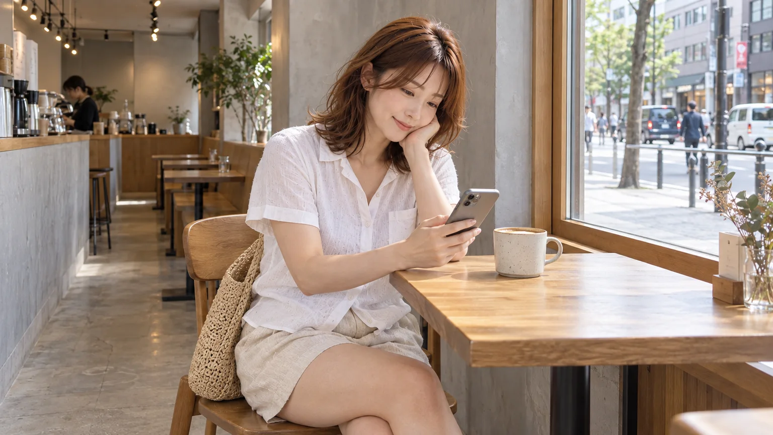 小菲在咖啡桌前查看手機路線，杯子放在旁邊